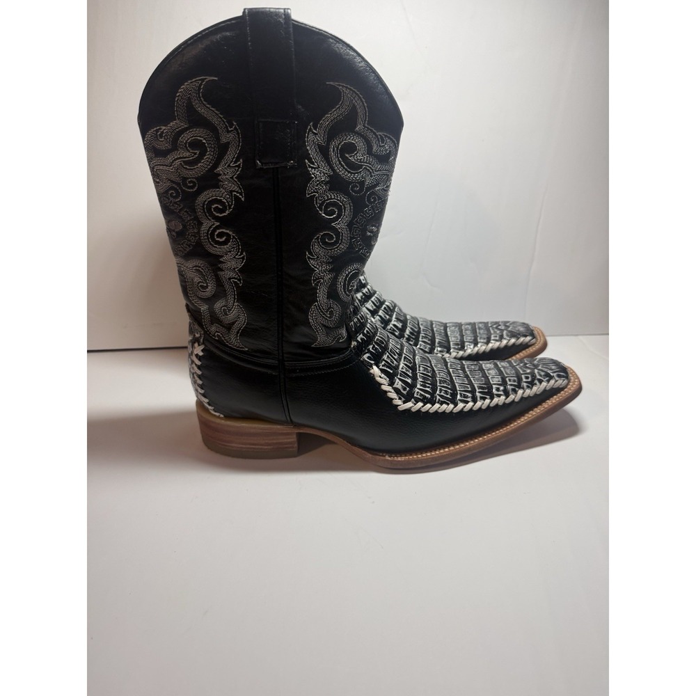 Soto Mens Leather Croc Print Western Square Toe Boots Black Sz US 8 MEX 27